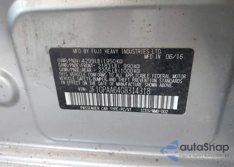 2016 Subaru Impreza 2.0I z USA, uszkodzony, nr VIN JF1GPAA64G8314318